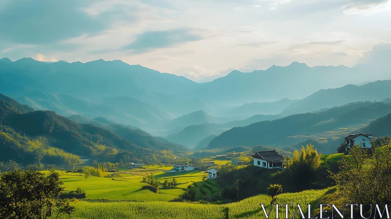 Peaceful Landscape with Mountains and Fields AI Image