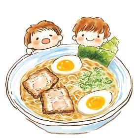 Illustrative Ramen Delight with Boiled Eggs and Happy Children