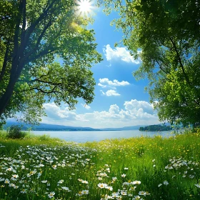 Tranquil Lake Scene with Blooming Meadow