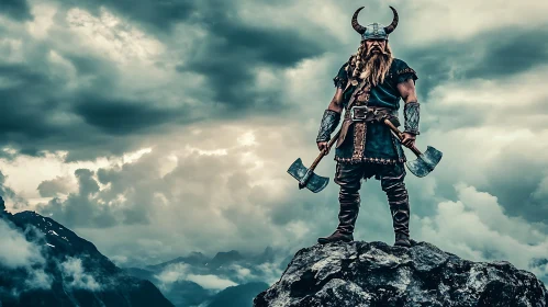 Horned Viking with Axes on Mountain