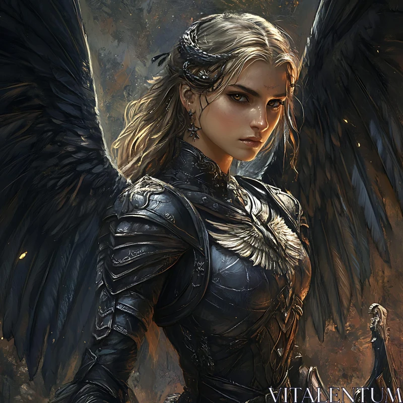 AI ART Female Angel Warrior with Black Wings