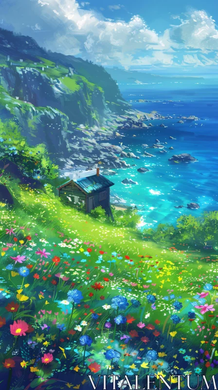 Seaside Cottage in a Field of Flowers AI Image