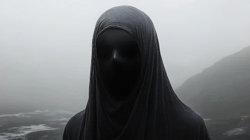 Monochrome Veil: Enigmatic Figure in Fog