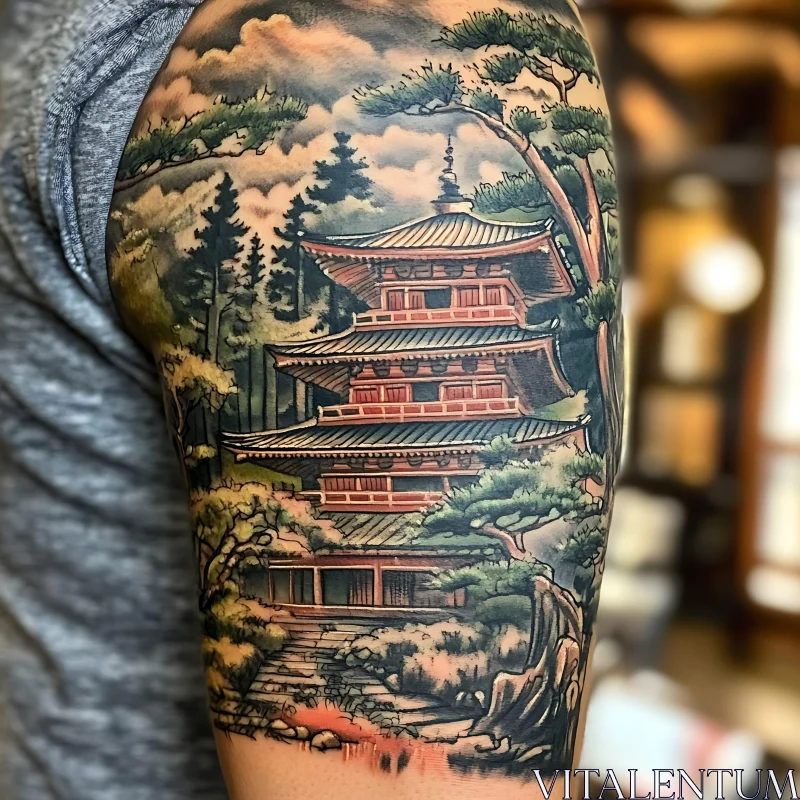 Intricate Japanese Temple Scene Tattoo AI Image