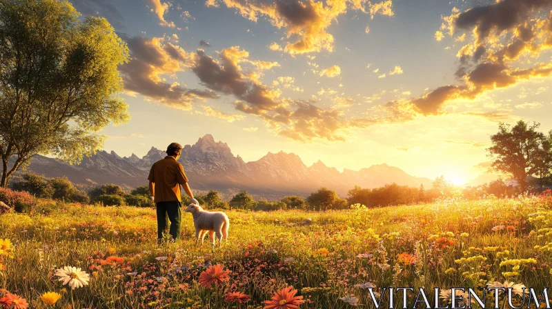 Sunset Meadow with Sheep and Mountains AI Image