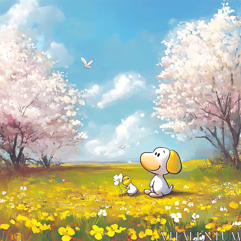 AI ART Dog and Bird in Floral Meadow