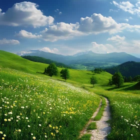 Scenic Green Field and Mountain Landscape