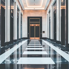 Symmetrical Marble Hallway with Elevator