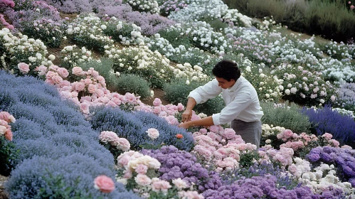 Man tending to roses and lavender in the garden