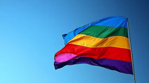 Colorful Pride Flag Against Blue Sky