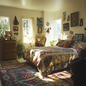 Eclectic Bedroom Interior with Patchwork Quilt