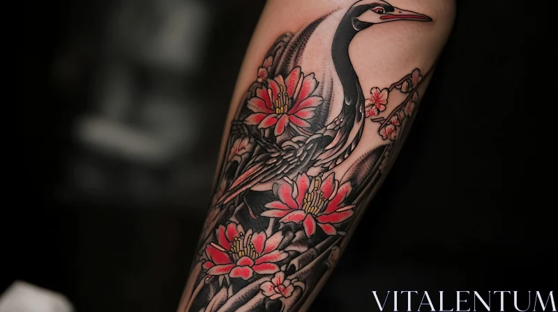 Crane and Floral Tattoo Design AI Image