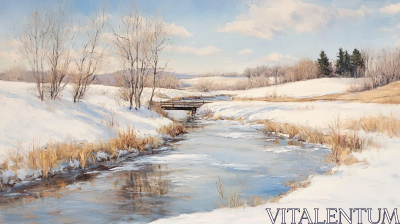 AI ART Serene Winter Stream and Snow-Covered Field