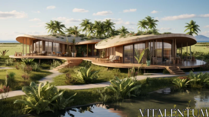 Captivating 3D Rendering of a Modern Ecovilla in Organic Nature-inspired Forms AI Image