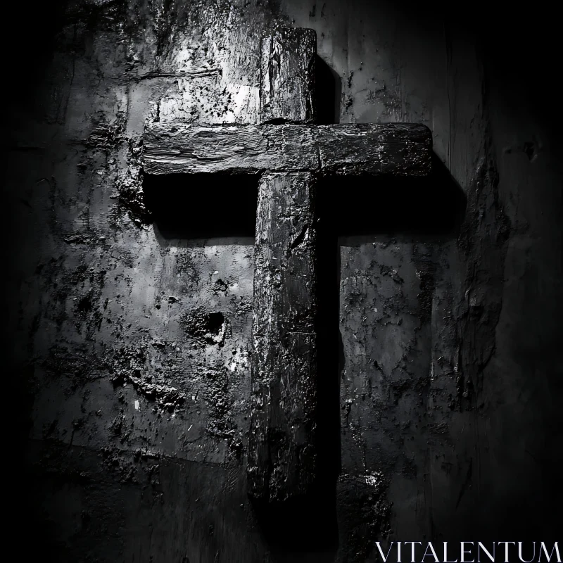 Weathered Wooden Cross Monochrome AI Image