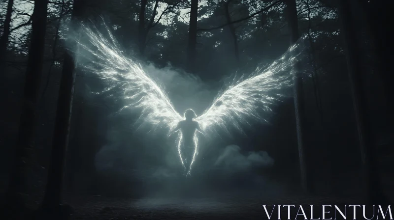 AI ART Luminous Angel Wings in Misty Woods