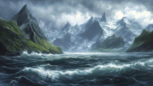 Stormy Ocean Scene with Towering Mountains