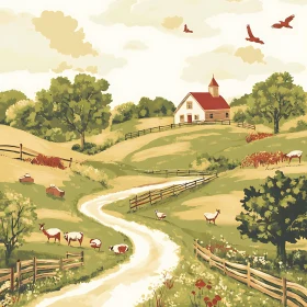 Idyllic Countryside Scene with Birds Flying