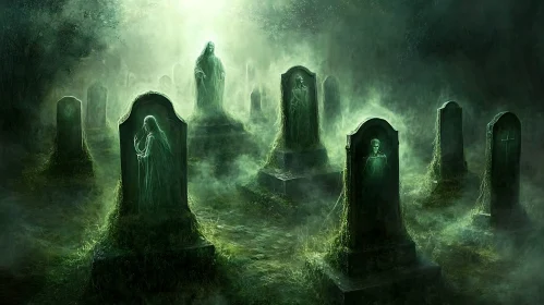 Foggy Graveyard with Spectral Apparitions