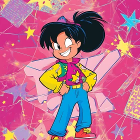 Winking Cartoon Girl in Colorful Attire