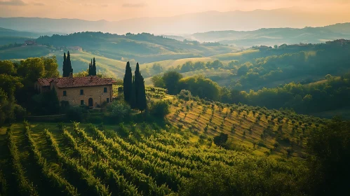 Tuscan Vineyard Landscape at Sunrise