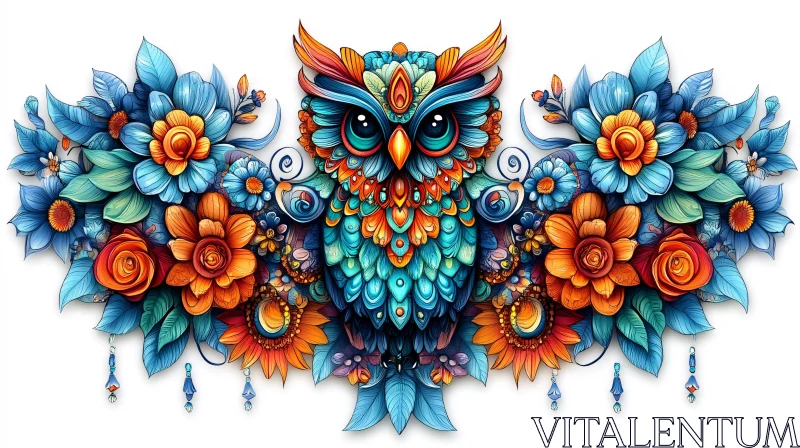 Vivid Art of Owl with Flowers AI Image