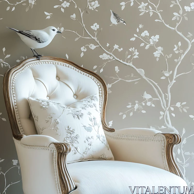 AI ART Vintage Chair with Bird and Floral Wallpaper