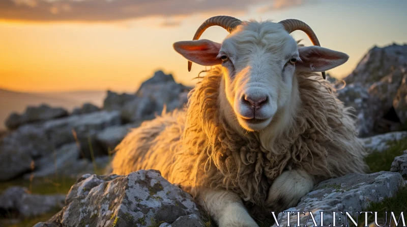 Sheep Portrait at Sunset in French Countryside AI Image