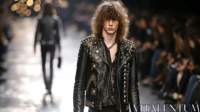 Stylish Male Model in Black Leather Jacket on Runway AI Image