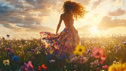 Woman in Flower Dress at Sunset