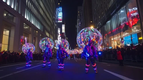 City Night Parade with Lighted Spheres