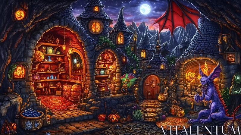 Whimsical Stone Village Under Moonlight AI Image