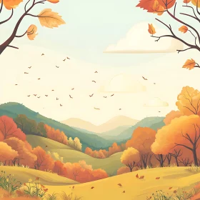 Scenic Autumn Hills and Flying Birds