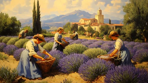 Women Harvesting Lavender in Field