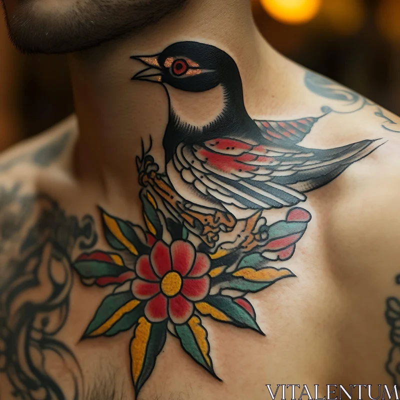 Intricate Bird and Flower Neck Tattoo AI Image