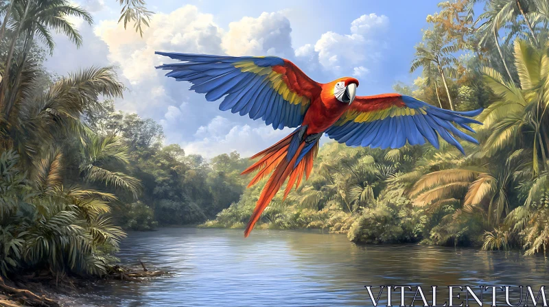 Scarlet Macaw Flying Over Jungle River AI Image