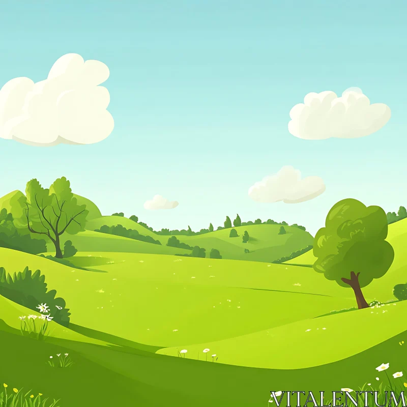 AI ART Cartoon Green Field with Blue Sky