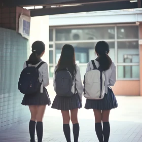 Three Students with Backpacks in Hallway