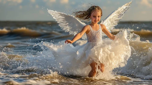 Winged Girl Playing in the Sea