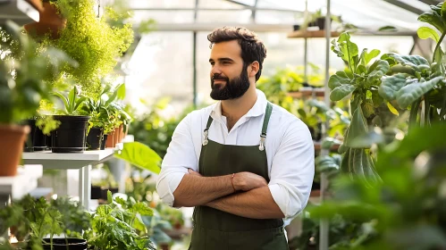 Man in Apron Surrounded by Green Plants