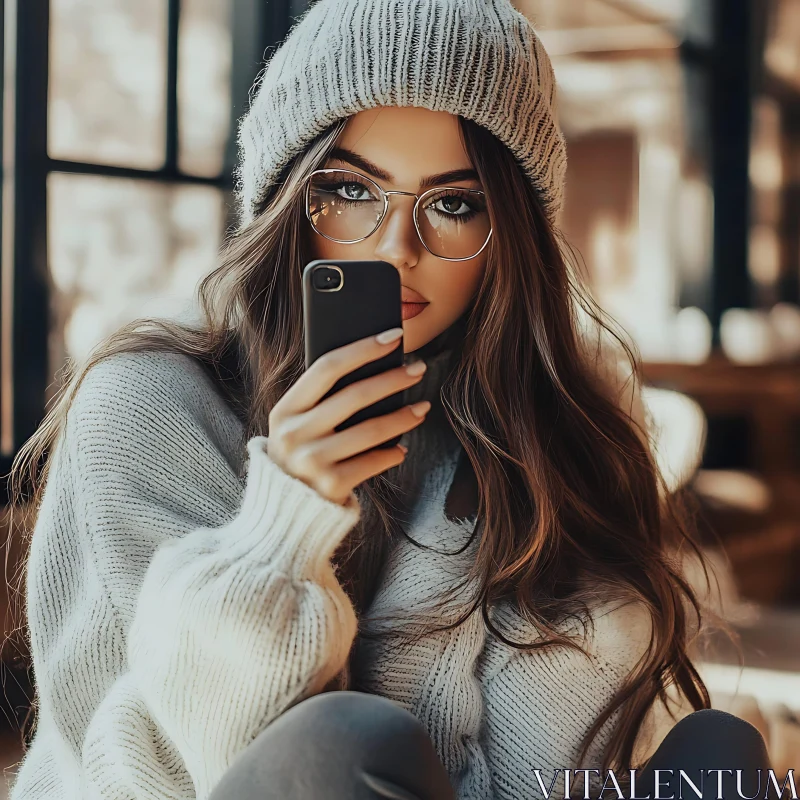 Girl Taking Selfie with Mobile AI Image