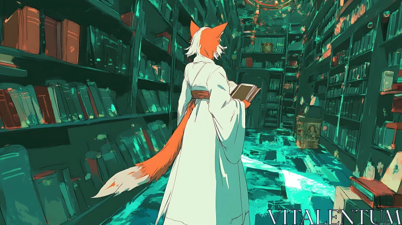 Anime Fox in Teal Library AI Image