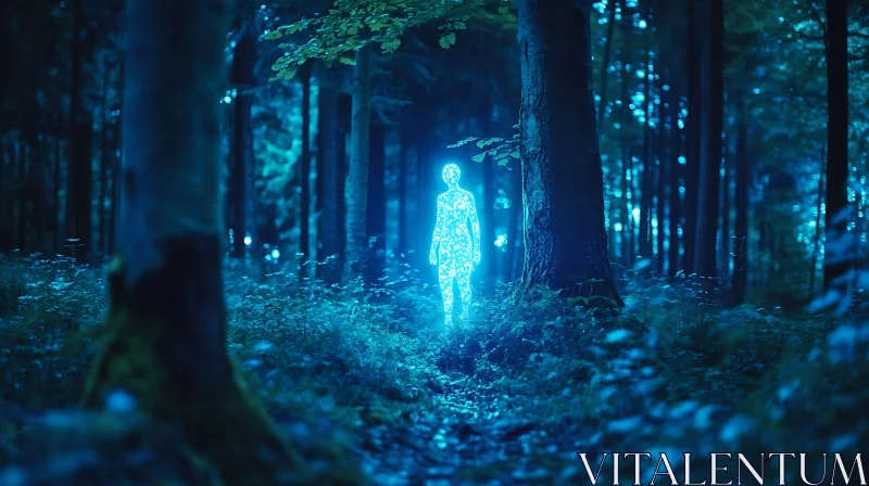 Mystical Glowing Figure in Dark Woods AI Image