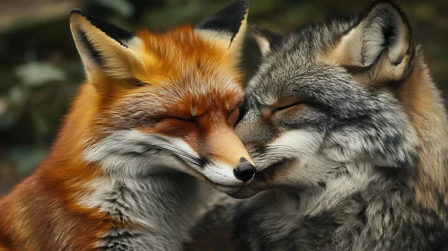 Intimate Moment of Fox and Wolf