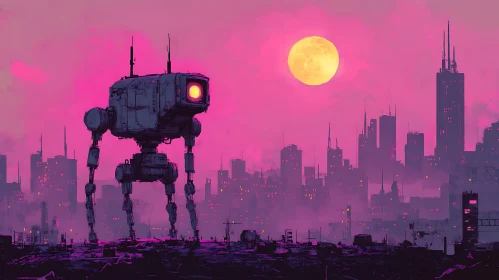 Futuristic Robot Cityscape with Moon