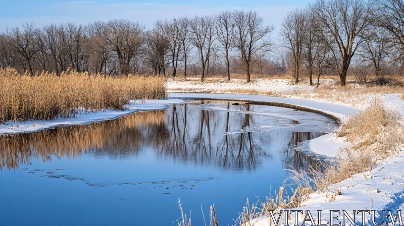 AI ART Peaceful Winter River Scenery with Snow and Reeds