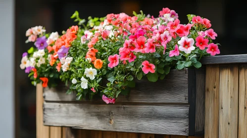 Colorful Petunias in Rustic Flower Box