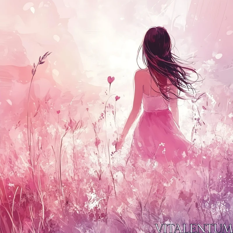 AI ART Pink Floral Field with Woman