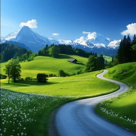 Winding Road Through Green Field to Mountains