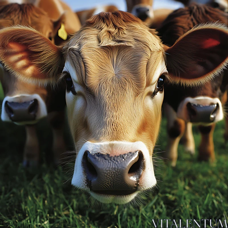 Close-up of Brown Cows on Green Pasture AI Image